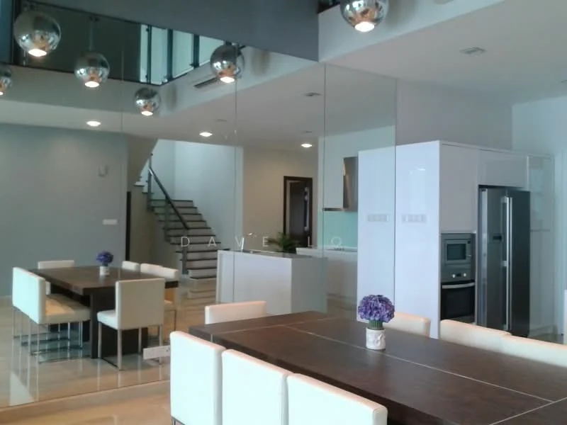 Dining features: rectangular wooden dining table, 8 upholstered dining chairs in white, pendant lighting with multiple bulbs, mirrored wall, marble flooring, open-plan layout, view of kitchen area, decorative vase with flowers; style: modern. Kitchen features: white cabinetry, stainless-steel fridge, built-in oven, countertop with integrated sink, open shelving, kitchen island, recessed lighting, high ceilings; style: modern.