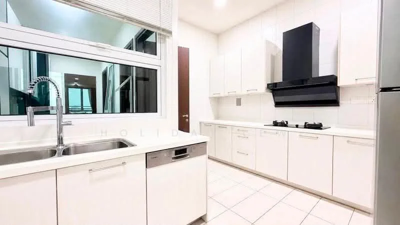 Kitchen features: single-bowl stainless-steel sink, chrome pull-down faucet, white shaker cabinets, white countertop, built-in oven, freestanding range oven, black range hood, ceramic tile flooring, floor-to-ceiling windows, recessed downlights, kitchen island, backlit wall, stainless-steel dishwasher; style: modern; view: city.