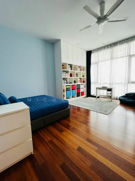 Bedroom features: blue upholstered bed, white dresser, wooden flooring, light blue painted walls, floor-to-ceiling windows, sheer curtains, built-in shelving unit with colorful storage bins, area rug, ceiling fan with light; style: modern; view: city.