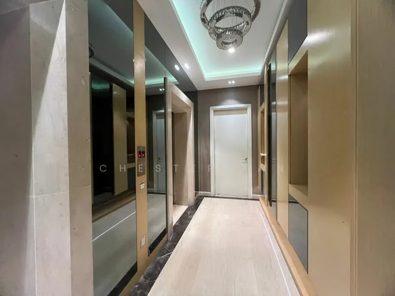 Hallway features: marble flooring, wood paneling, recessed lighting, chandelier, mirrored wall, elevator access panel, neutral wall color, decorative niches; style: modern.