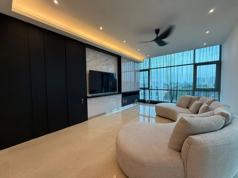 Living features: curved beige fabric sofa, black feature wall, marble accent wall, wall-mounted flat-screen TV, recessed LED lighting, large floor-to-ceiling windows, city view, polished stone flooring, ceiling fan; style: modern; view: city.