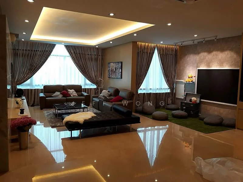 Living features: cream painted walls, marble tile flooring, tray ceiling with recessed lighting, floor-to-ceiling windows with sheer curtains, 2-seater leather sofa in grey, 3-seater fabric sofa in dark grey, black coffee table, area rug with geometric pattern, TV console, wall-mounted TV, decorative wall art, bean bag seating, potted plants, decorative throw pillows; style: modern.