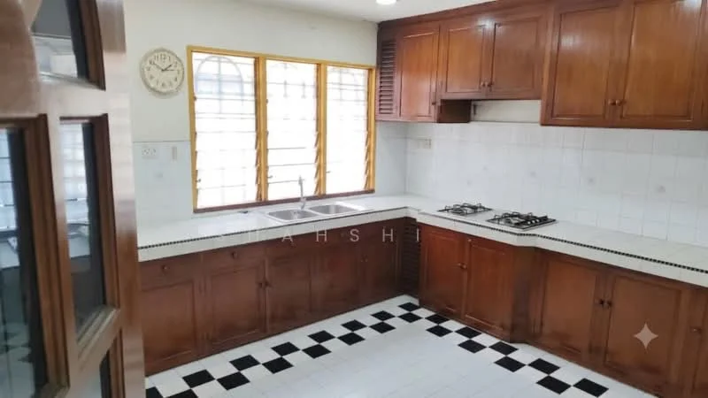 Kitchen features: wood cabinetry, white countertop, double-bowl stainless-steel sink, chrome pull-down faucet, 4-burner gas hob, white tiled backsplash, black and white checkered flooring, window with grid design, wall clock, under-cabinet lighting; style: traditional.