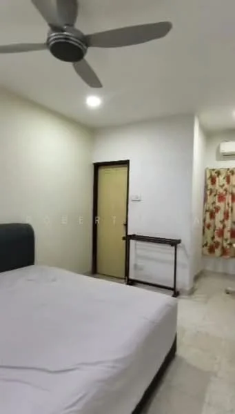 Bedroom features: white painted walls, marble flooring, 5-blade ceiling fan, recessed downlights, queen-size bed, window with floral curtains, wooden door, wooden side table.