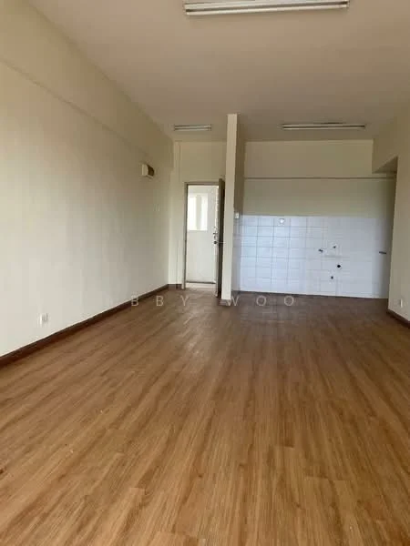 Room features: light wood laminate flooring, white painted walls, ceiling lights, air conditioning unit, door leading to hallway, kitchen area with white tiled backsplash, open layout, large windows for natural light; style: modern.