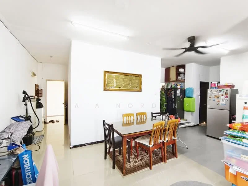 Dining features: 6-seater dining table, wooden dining chairs, area rug with geometric pattern, wall-mounted decorative artwork, recessed downlights, 5-blade ceiling fan, white painted walls, tile flooring, open layout to kitchen, kitchen appliances visible in background, fridge visible in background; style: modern. Kitchen features: stainless-steel fridge, kitchen cabinets, countertop, microwave visible, various kitchen appliances visible; style: modern.