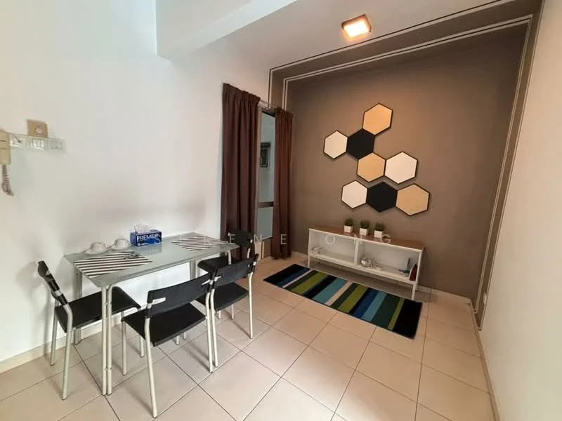 Dining features: square dining table with four chairs, grey accent wall, hexagonal wall decor, white shelving unit, decorative plants on shelf, area rug with striped pattern, tile flooring, recessed ceiling light; style: modern.