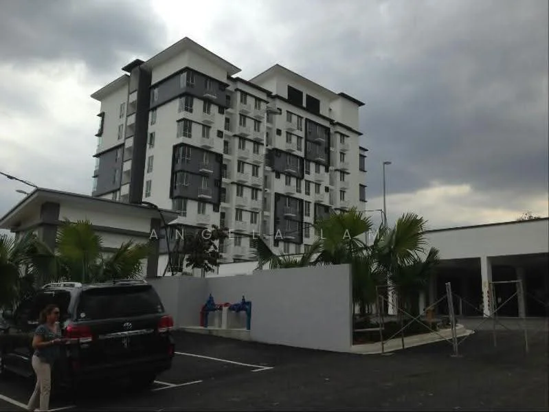 Exterior type: mid-rise condominium; features: white painted facade, grey accent panels, glass windows, balconies with railings, manicured landscaping, parking lot, paved driveway, surrounded by palm trees; style: modern.