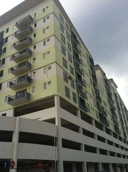 Exterior type: mid-rise condominium; features: green painted facade, balconies with metal railings, multiple storeys, parking deck, concrete structure, windows with white frames, overhangs above balconies; style: modern.