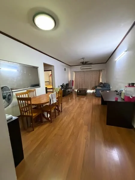 Dining features: wooden dining table with four chairs, laminate flooring, ceiling light fixture, wall-mounted air conditioning unit, curtains on window, open layout to living area, decorative wall mirror, fan, sideboard with kitchen appliances; style: modern. Living features: sofa in blue fabric, laminate flooring, ceiling light fixture, wall-mounted air conditioning unit, curtains on window, coffee table, TV console, decorative items on sideboard; style: modern.