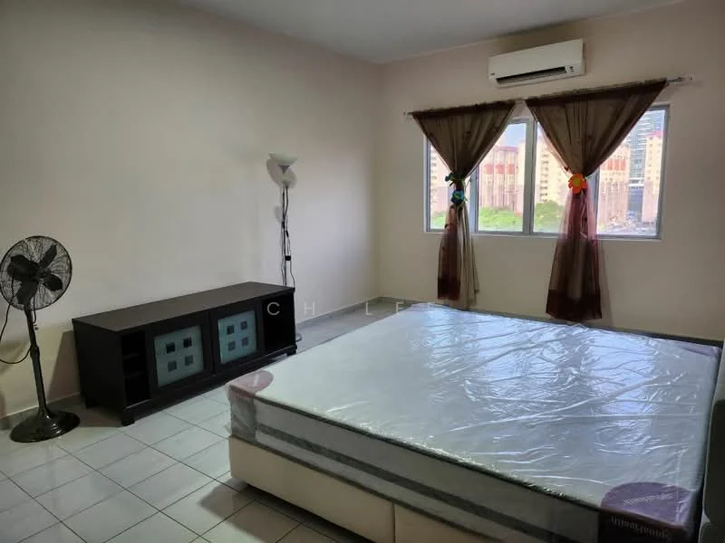 Bedroom features: queen-size bed, upholstered headboard, floor-to-ceiling window, curtains, light-colored walls, tile flooring, ceiling-mounted air conditioning unit, standing fan, dark wood TV console, decorative wall art, decorative items on window sill; style: minimalist; view: city.