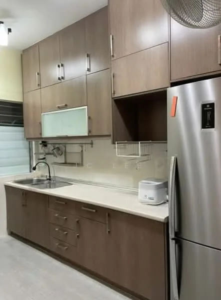 Kitchen features: brown wooden cabinetry, white countertop, single-bowl stainless-steel sink, chrome pull-down faucet, built-in microwave, stainless-steel fridge, wall-mounted storage rack, tile backsplash, recessed downlights, laminate flooring; style: modern.