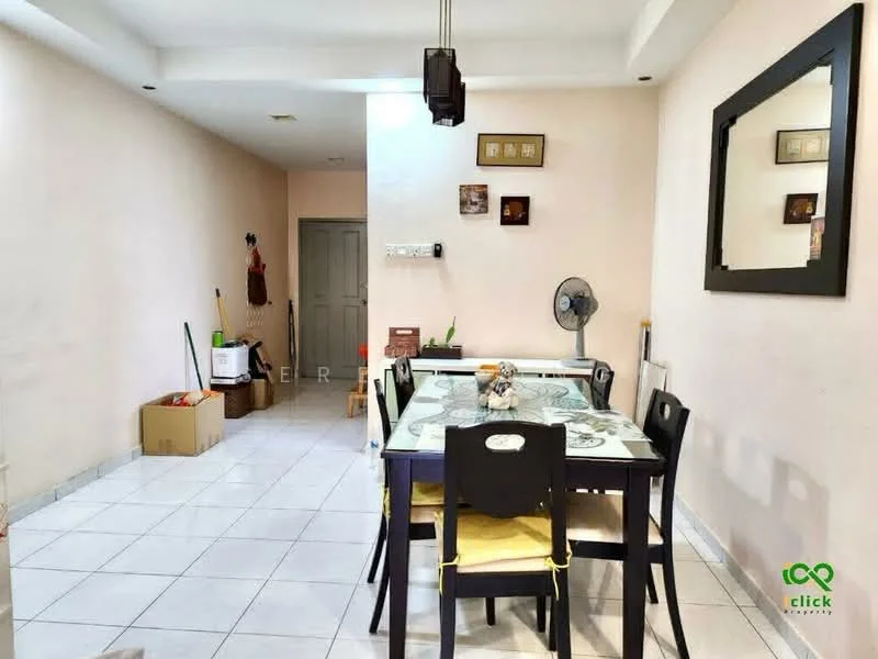 Dining features: white painted walls, ceramic tile flooring, dining table with chairs, wall-mounted mirror, ceiling fan, decorative wall art, box storage, doorway leading to another room.