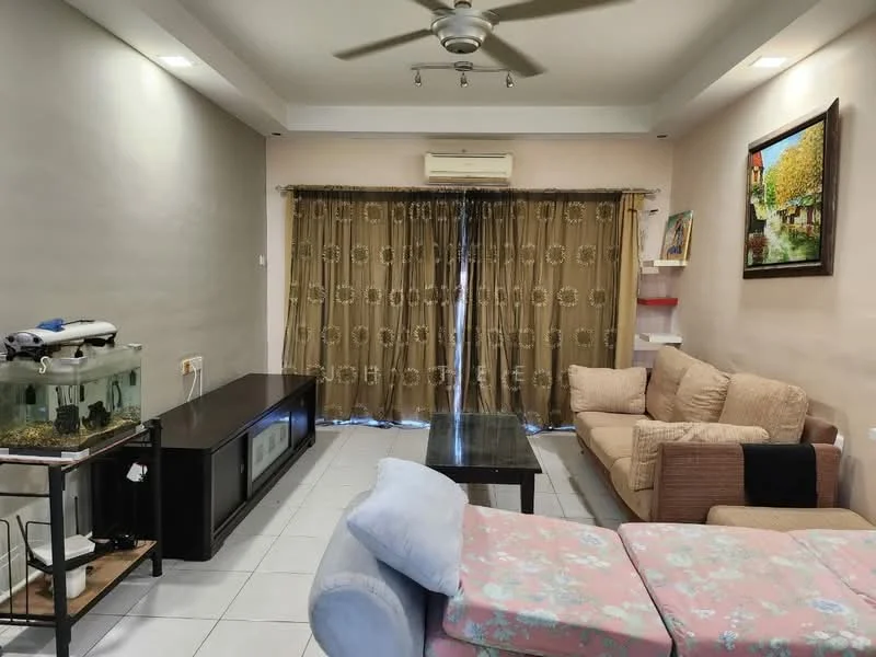 Living features: cream painted walls, white ceiling, 5-blade ceiling fan with light, floor-to-ceiling windows with brown curtains, light-colored fabric sofa, coffee table, TV console, aquarium, tile flooring, decorative artwork on wall; style: modern.