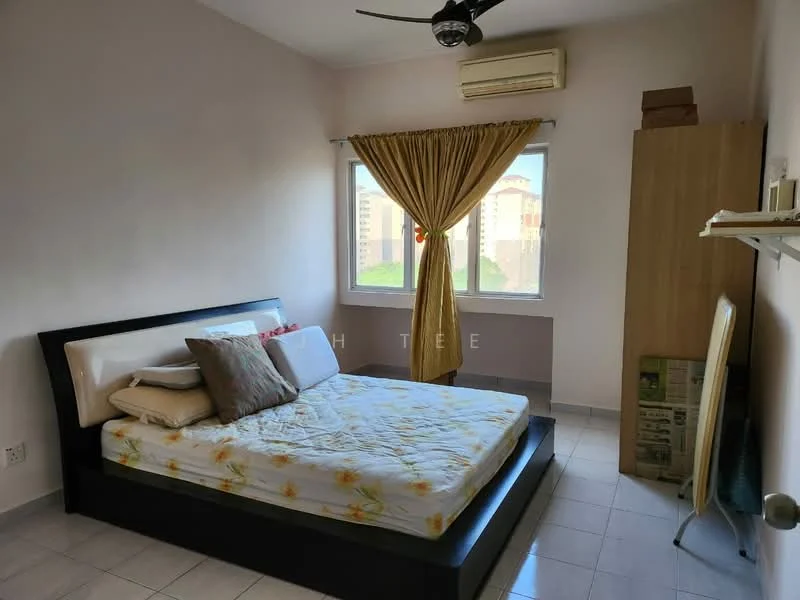 Bedroom features: queen-size bed, upholstered headboard, bedside pillows, ceiling fan, 1 wall-mounted split AC, 2 windows with sheer curtains, light-colored walls, tile flooring, wooden wardrobe, open shelving unit; view: garden.