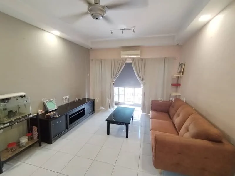 Living features: 3-seater fabric sofa in brown, coffee table, TV console, wall-mounted TV, floor-to-ceiling windows, sheer curtains, white painted walls, recessed downlights, ceiling fan, white tiled flooring, decorative shelving unit; style: modern.