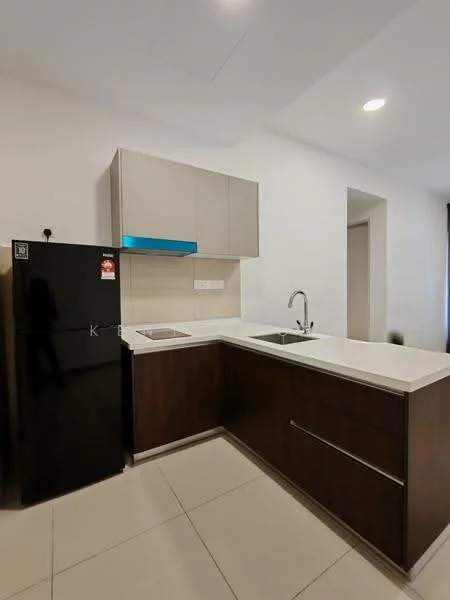 Kitchen features: black fridge, single-bowl stainless-steel sink, chrome pull-down faucet, white quartz countertop, light grey upper cabinets, dark wood lower cabinets, ceramic tile flooring, recessed downlights; style: modern.