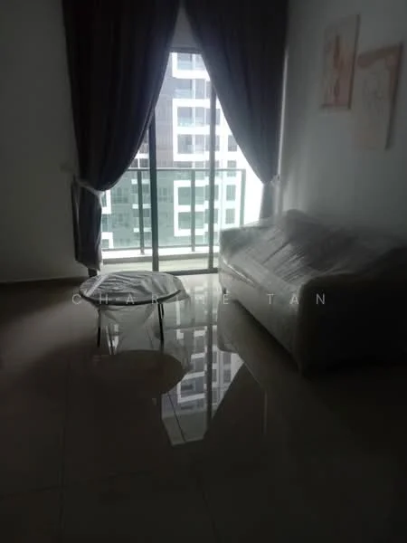 Living features: floor-to-ceiling windows, grey curtains, white fabric sofa, coffee table, glossy tile flooring, white walls, decorative artwork on walls, natural light from windows; style: modern; view: city.