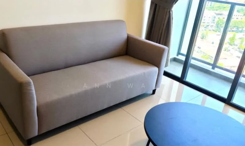 Living features: 3-seater fabric sofa in grey, round coffee table in black, floor-to-ceiling windows, curtains, tile flooring, neutral wall color, city view, natural light; style: modern; view: city.