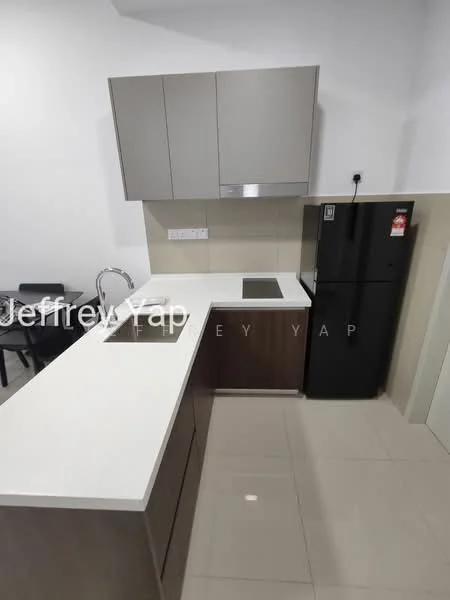 Kitchen features: white quartz countertop, brown wooden cabinetry, stainless-steel sink, built-in stove, black refrigerator, ceramic tile flooring, white tiled backsplash, wall-mounted electrical outlets, under-cabinet lighting; style: modern.