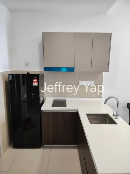 Kitchen features: black fridge, single-bowl stainless-steel sink, chrome pull-down faucet, laminate countertop, upper cabinets in beige, lower cabinets in dark wood, ceramic tile flooring, built-in cooktop, wall-mounted electrical outlets, neutral wall color; style: modern.