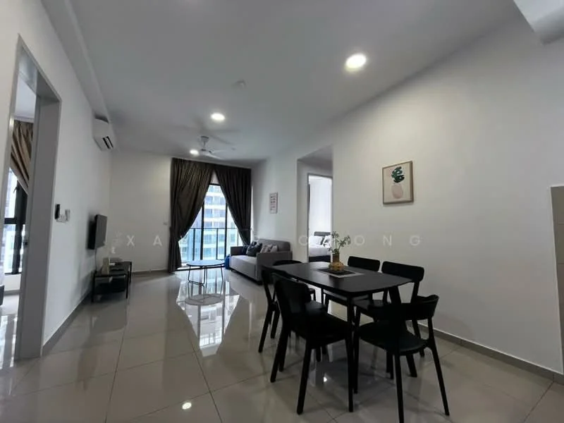 Living features: grey fabric sofa, 4-seater dining table, black dining chairs, wall-mounted TV, ceiling fan with light, large windows with city view, white painted walls, glossy tile flooring, decorative artwork on wall, curtains, open layout; style: modern; view: city.