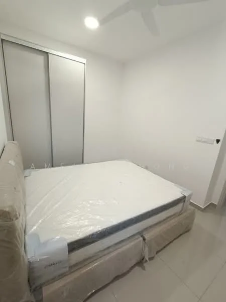 Bedroom features: white painted walls, tile flooring, queen-size bed, built-in wardrobe with sliding doors, ceiling fan, recessed lighting, window with no visible treatment, mattress covered in plastic, neutral color bedding; style: modern.