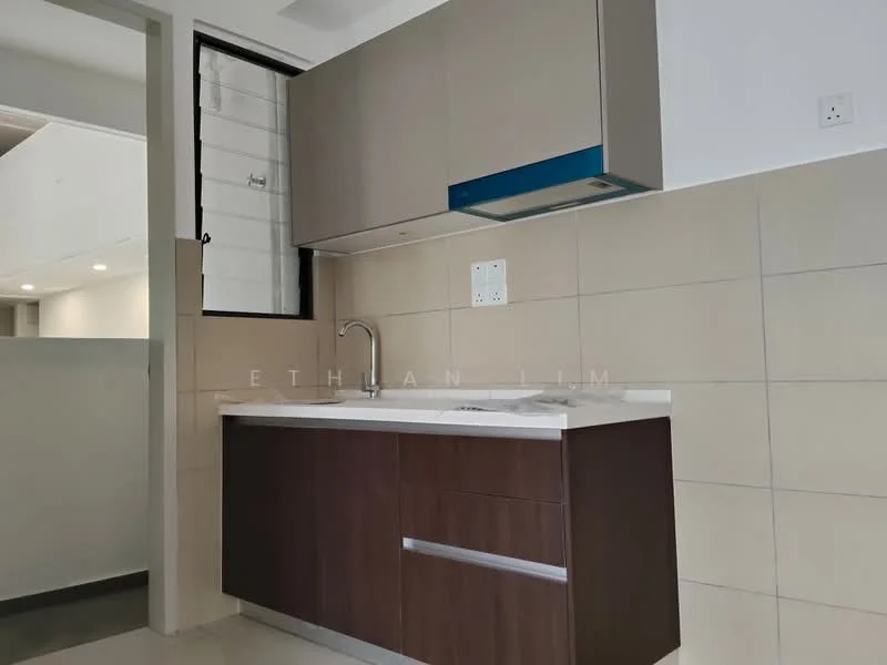 Kitchen features: brown wooden cabinetry, grey upper cabinets, white countertop, single-bowl stainless-steel sink, chrome pull-down faucet, tile backsplash, wall-mounted window, recessed lighting; style: modern.