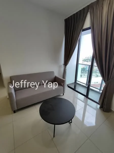 Living features: grey fabric sofa, black round coffee table, floor-to-ceiling windows, sheer curtains, dark brown curtains, glossy tile flooring, white painted walls, balcony access; style: modern; view: city.