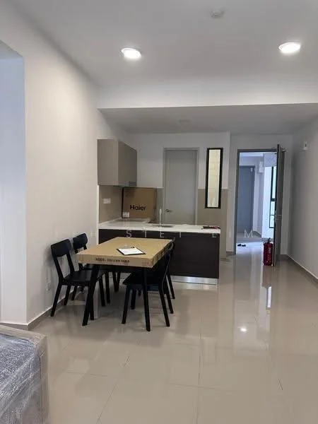 Kitchen features: white painted walls, glossy tile flooring, kitchen island, brown cabinetry, black dining table, 4 black dining chairs, built-in oven, refrigerator, window with natural light, open layout, light fixtures, neutral color scheme; style: modern. Room features: doorway leading to hallway, light-colored walls, neutral flooring.