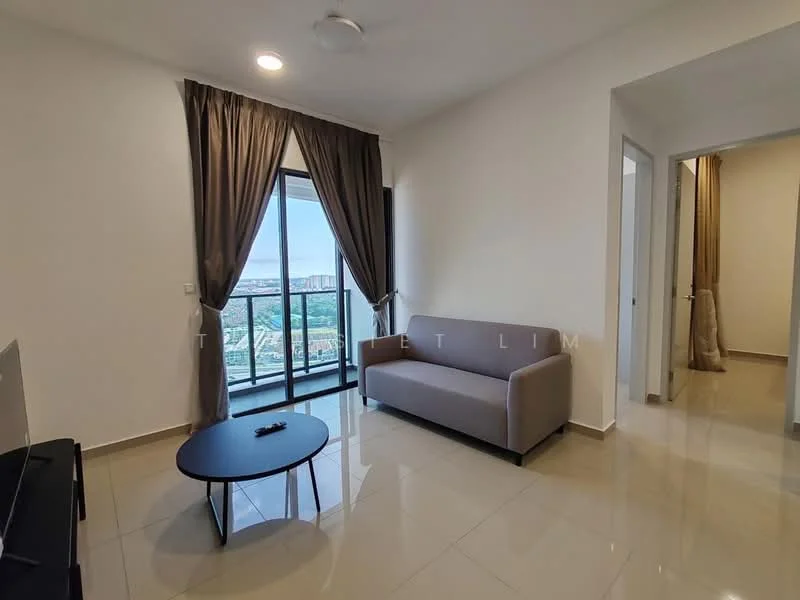 Living features: grey fabric sofa, round black coffee table, floor-to-ceiling windows, curtains in beige, tile flooring, white painted walls, ceiling fan, city view; style: modern; view: city. Room features: doorway leading to another room, curtains in beige.