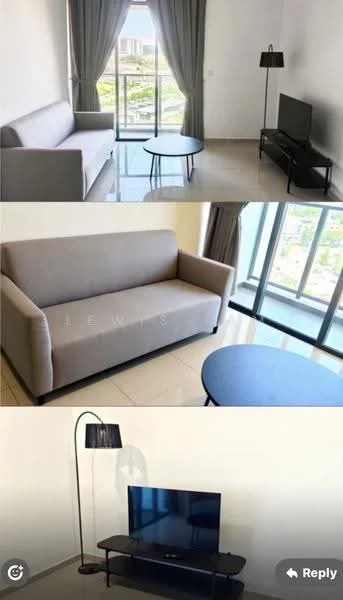 Living features: 3-seater fabric sofa in light grey, round blue coffee table, floor lamp with black shade, wall-mounted TV, TV console in black, large floor-to-ceiling window, curtains in light grey, glossy tile flooring, city view from window; style: modern; view: city.