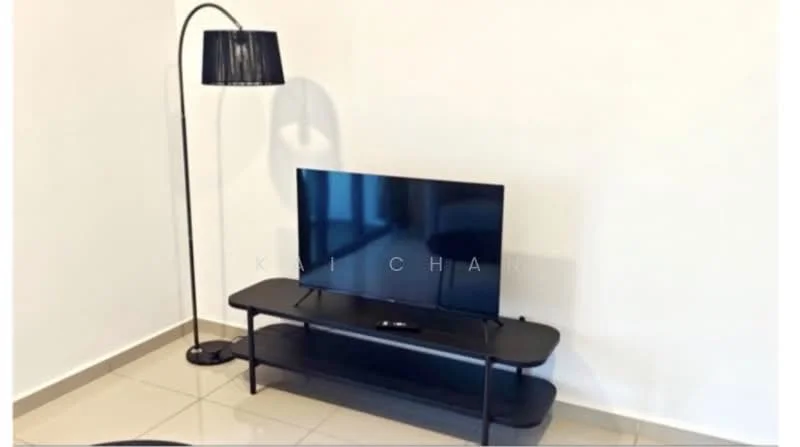 Living features: black floor lamp, flat-screen TV, black TV console, glossy tile flooring, white painted walls; style: modern.