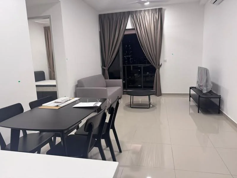 Living features: grey fabric sofa, black coffee table, black dining table, 6 black dining chairs, floor-to-ceiling windows, curtains in beige, wall-mounted TV, polished ceramic tile flooring, recessed downlights, air conditioning unit; style: modern; view: city.