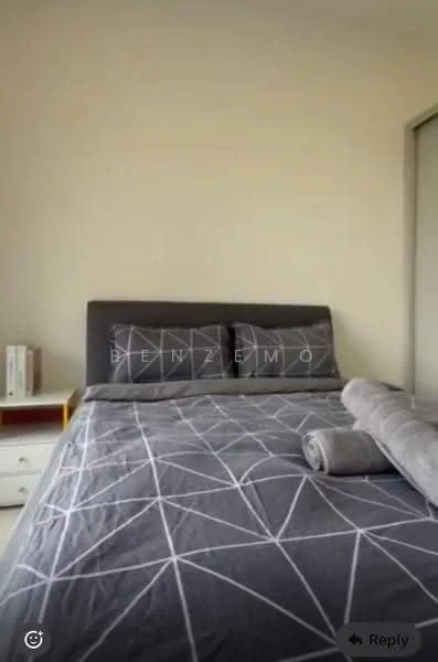Bedroom features: queen-size bed with geometric patterned bedding, grey bed frame, two pillows, rolled grey towel, nightstand with books, light-colored walls, sliding wardrobe door; style: modern.