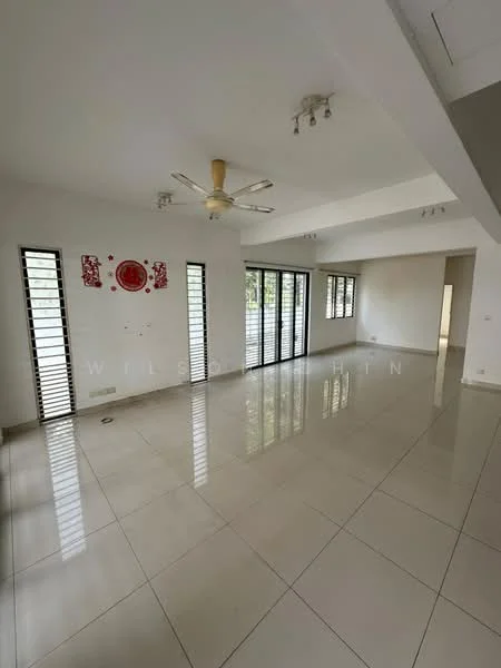 Living features: white painted walls, glossy ceramic tile flooring, 5-blade ceiling fan with light, floor-to-ceiling windows, sliding glass door, window treatments with horizontal slats, decorative wall art, recessed downlights; style: modern; view: garden.