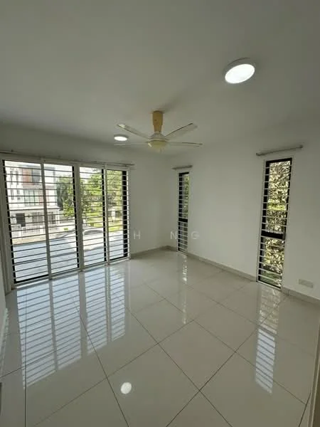 Room features: white painted walls, glossy tile flooring, 5-blade ceiling fan, recessed LED downlights, floor-to-ceiling windows, sliding glass door, window treatments with horizontal blinds, natural light from windows; style: modern; view: garden.