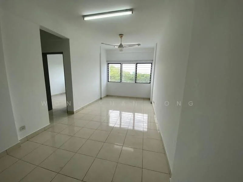 Room features: white painted walls, glossy ceramic tile flooring, ceiling fan, 3-panel sliding windows, natural light from windows, neutral color scheme, corner room, no visible furniture; style: modern; view: garden.