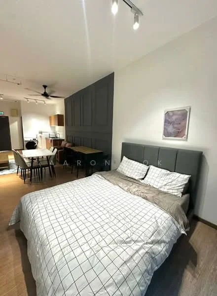 Bedroom features: king-size bed with grey upholstered headboard, white bedding with grid pattern, wooden flooring, recessed downlights, wall-mounted artwork, grey accent wall, ceiling fan, open-plan layout to dining area, dining table with chairs visible in background; style: modern.