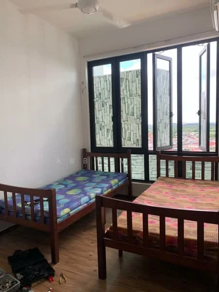 Bedroom features: two single beds with wooden frames, mattress with patterned fabric, wooden flooring, floor-to-ceiling windows, openable casement windows, city view, ceiling fan; view: city.