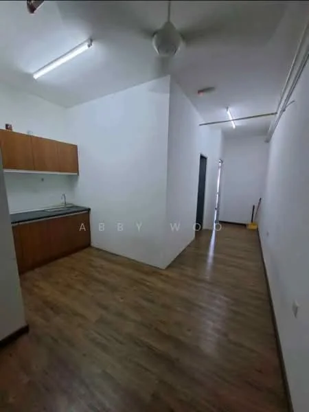 Kitchen features: laminate flooring, white painted walls, ceiling fan, wood cabinetry, grey countertop, single-bowl stainless-steel sink, chrome pull-down faucet, open layout; style: modern. Room features: laminate flooring, white painted walls, ceiling lights.