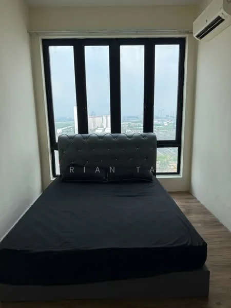 Bedroom features: queen-size bed with black bedding, upholstered headboard, floor-to-ceiling windows, city view, wooden flooring, wall-mounted split AC; style: modern; view: city.
