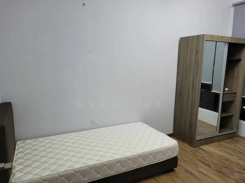 Bedroom features: wooden flooring, plain white walls, unmade single bed with mattress, built-in wardrobe with mirror, nightstand, window with sheer curtains.