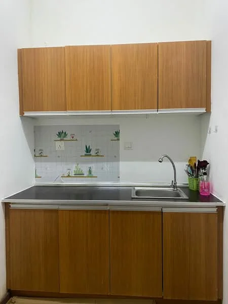 Kitchen features: wooden cabinetry, stainless-steel countertop, single-bowl stainless-steel sink, chrome pull-down faucet, decorative backsplash with plant motifs, kitchen utensils visible, green plant decor, pink storage container; style: modern.