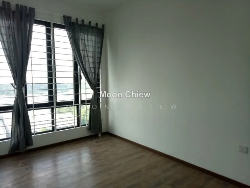 Room features: white painted walls, laminate flooring, floor-to-ceiling windows, grey sheer curtains, city view; view: city.
