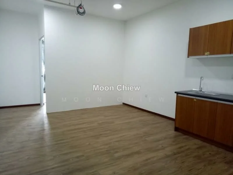 Kitchen features: laminate flooring, white painted walls, ceiling light, wood cabinetry, black countertop, single-bowl stainless-steel sink, chrome pull-down faucet, open layout; style: modern. Room features: laminate flooring, white painted walls, ceiling light.