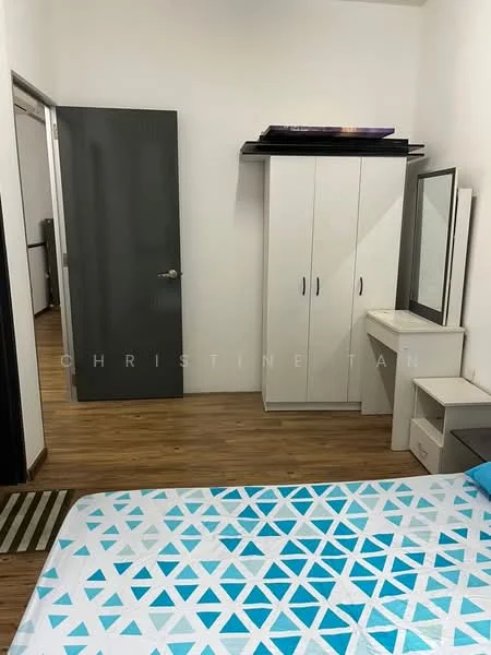 Bedroom features: wooden flooring, white painted walls, grey door, built-in wardrobe with sliding doors, dressing table with mirror, bed with patterned bedding, striped area rug, window with no visible treatment; style: modern.