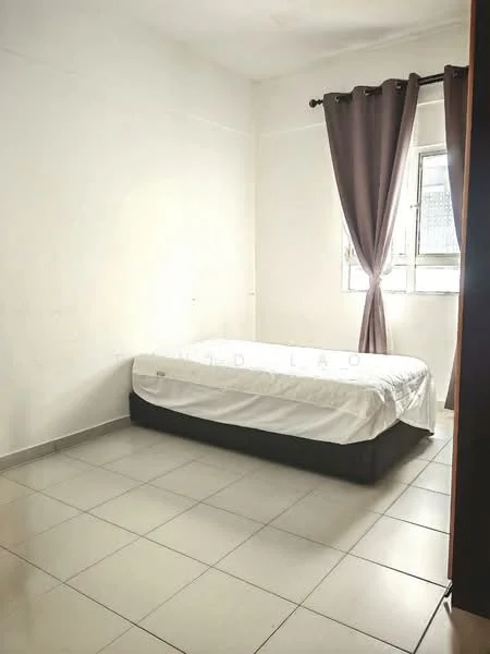 Bedroom features: single bed, white bedding, grey curtains, floor-to-ceiling window, tile flooring, white painted walls, light fixture on ceiling, black bed frame.
