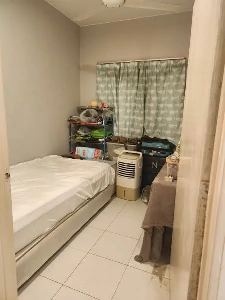 Bedroom features: single bed with white bedding, light grey painted walls, white tiled flooring, curtains with green and white pattern, metal shelving unit, air conditioning unit, storage boxes, small bedside table.