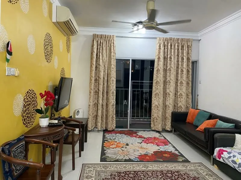 Living features: yellow accent wall with circular patterns, white painted walls, ceramic tile flooring, 5-blade ceiling fan with light, sofa with black leather upholstery, decorative cushions in orange and teal, coffee table, area rug with floral pattern, TV console, wall-mounted TV, curtains with floral pattern, sliding glass door leading to balcony; style: contemporary.